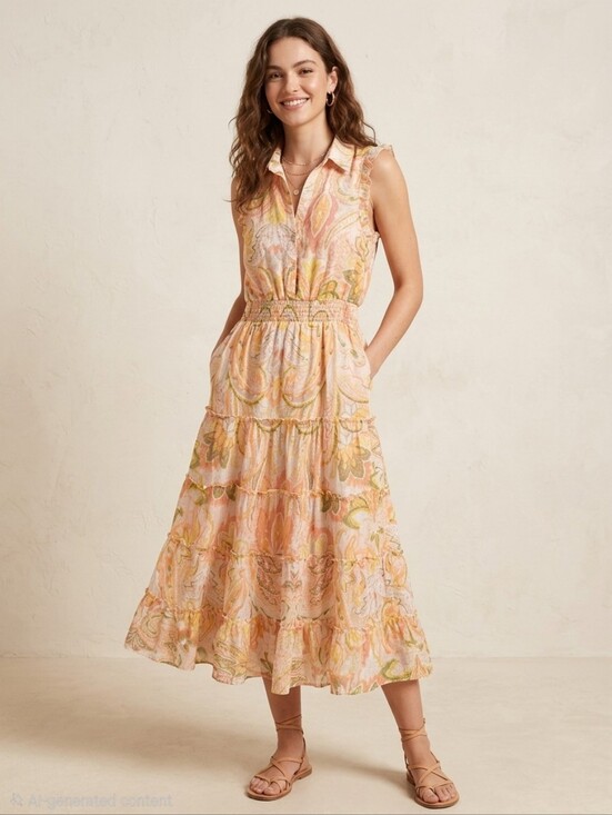 Cynthia Steffe Dresses & Skirts - Cynthia Steffe Paisley Print Ruffled Midi Dress Pastel Orange Yellow PM